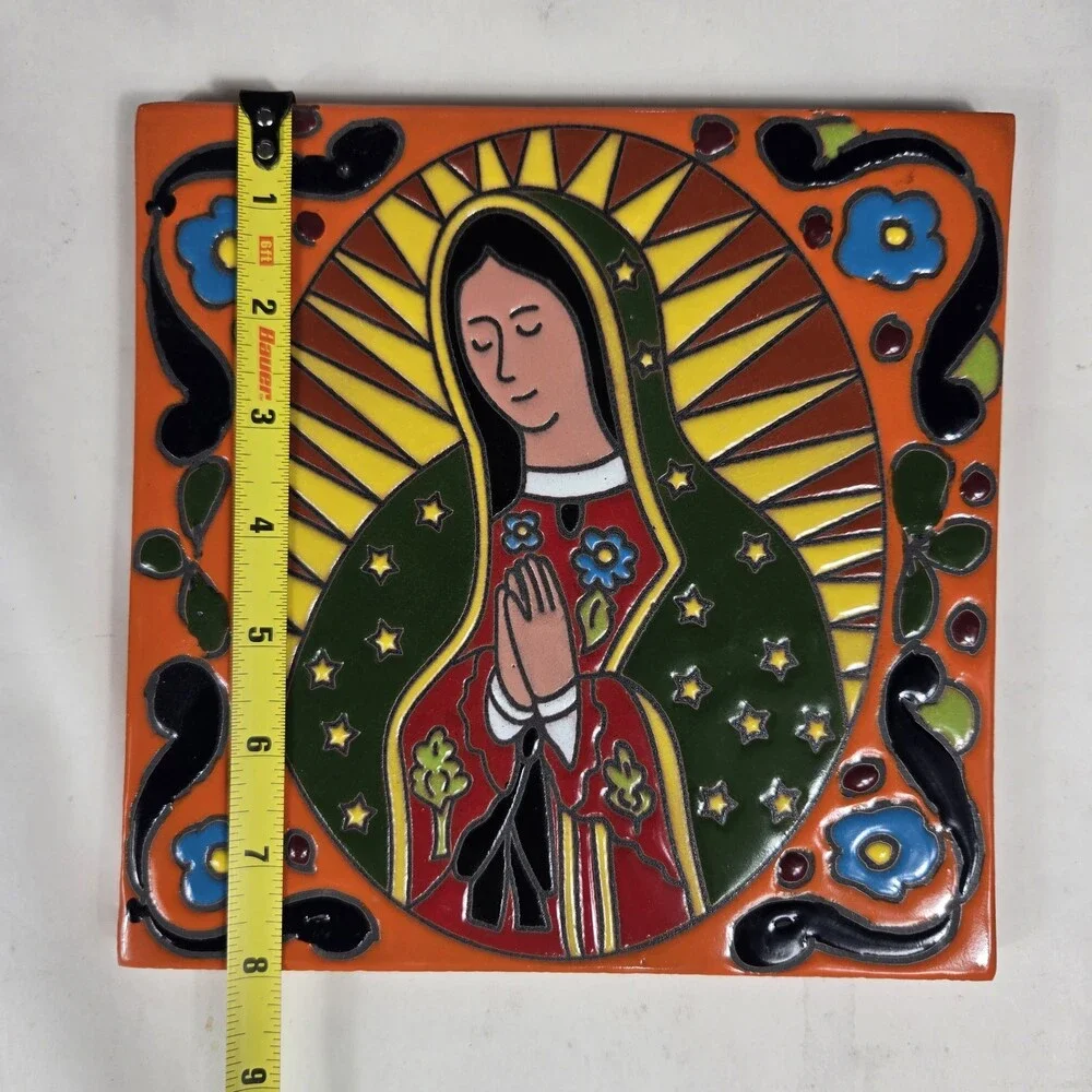 Talavera Virgen De Guadalupe Tile Mexican Art Hand Painted Wall Decor 8x8x.5 In